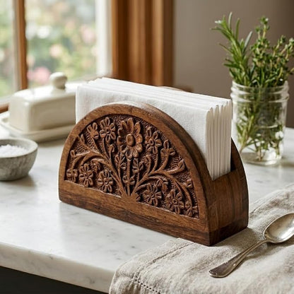 Hand-Carved Floral Wooden Napkin Holder