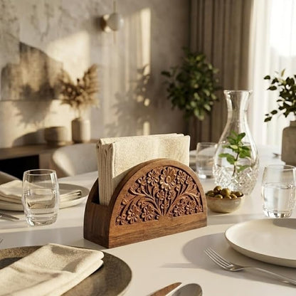 Hand-Carved Floral Wooden Napkin Holder