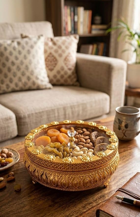 Royal Golden Dry Fruit Box with Clear Glass Lid