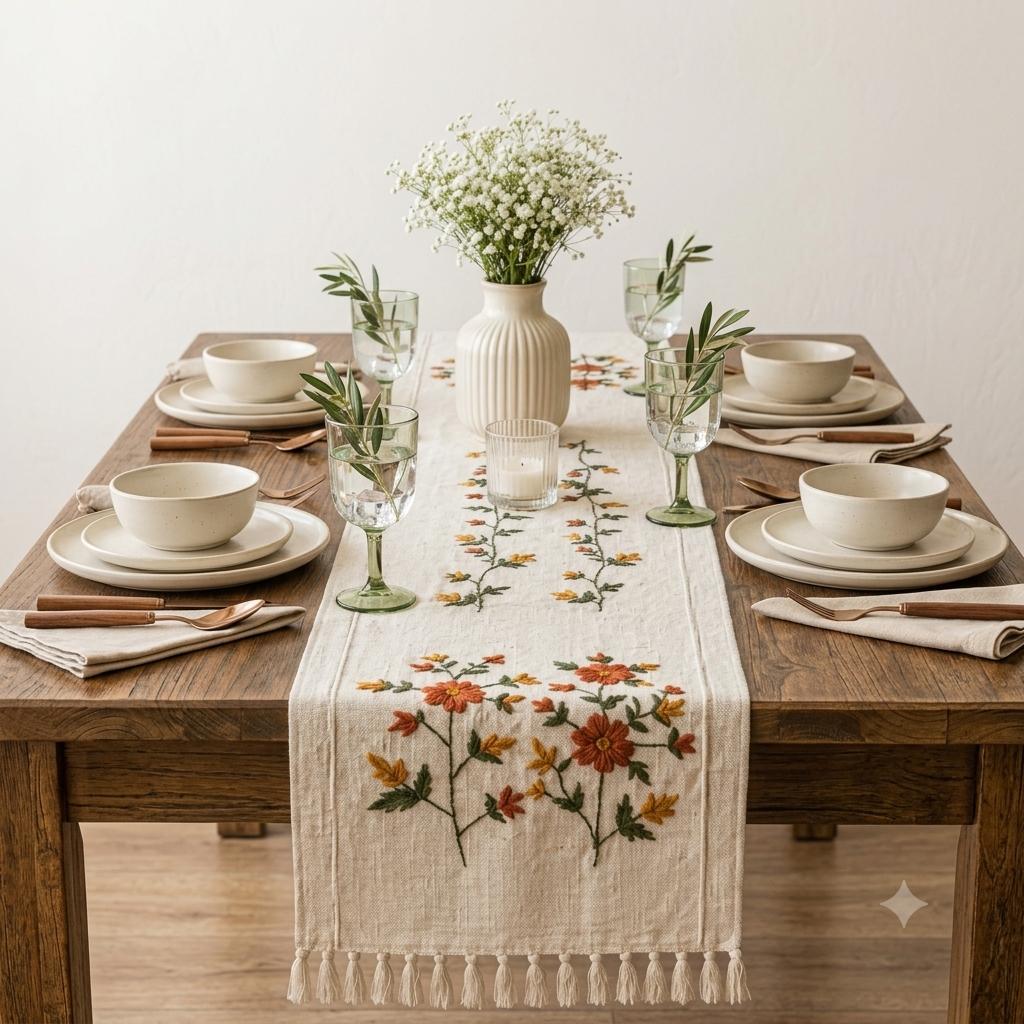 Hand-Embroidered Floral Linen Table Runner
