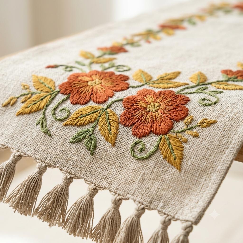 Hand-Embroidered Floral Linen Table Runner