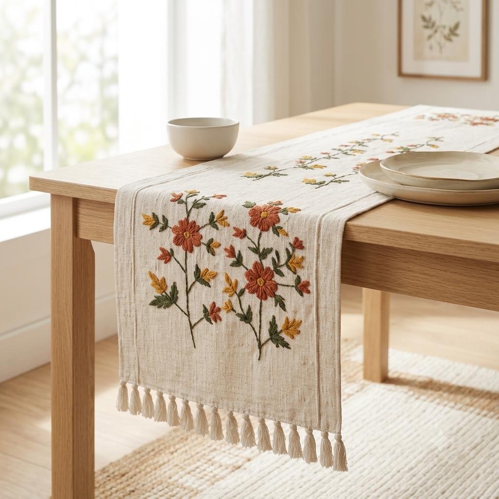 Hand-Embroidered Floral Linen Table Runner