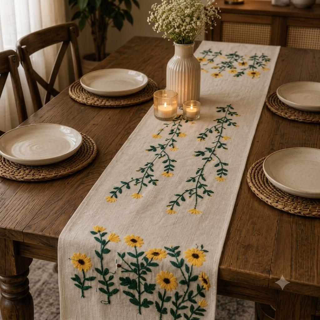 Yellow Sunflower Hand-Embroidered Table Runner
