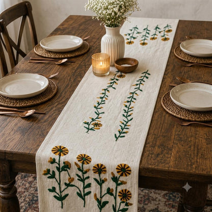 Mustard Yellow Daisy Hand-Embroidered  Table Runner