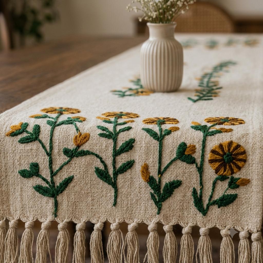 Mustard Yellow Daisy Hand-Embroidered  Table Runner