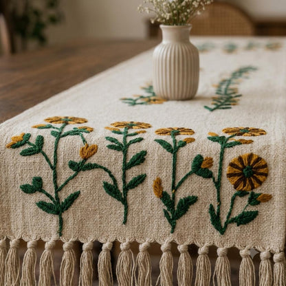 Mustard Yellow Daisy Hand-Embroidered  Table Runner
