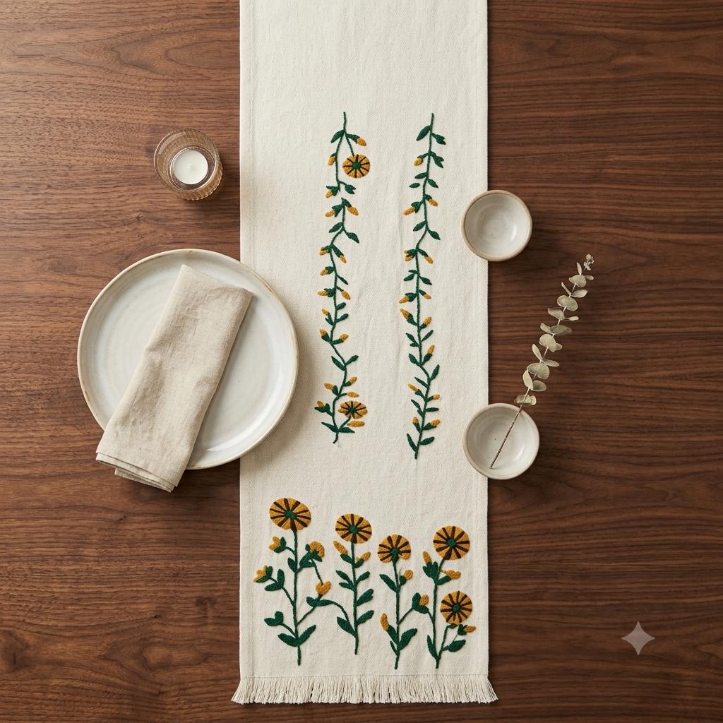 Mustard Yellow Daisy Hand-Embroidered  Table Runner