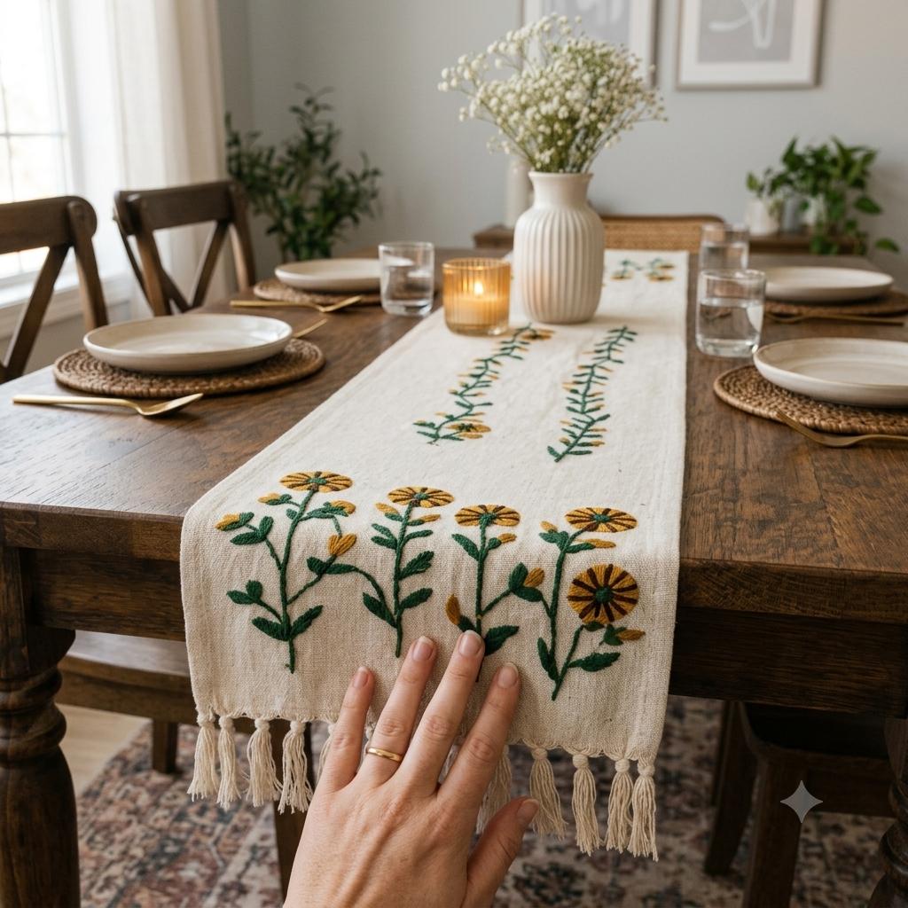 Mustard Yellow Daisy Hand-Embroidered  Table Runner