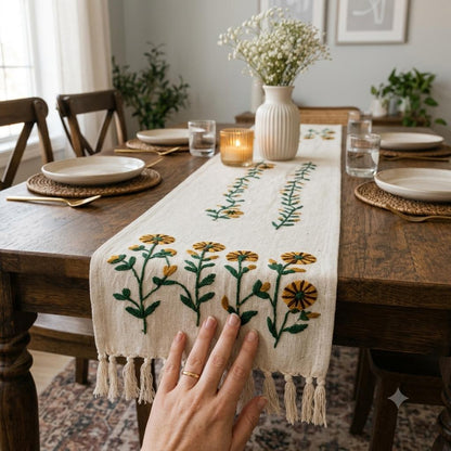Mustard Yellow Daisy Hand-Embroidered  Table Runner