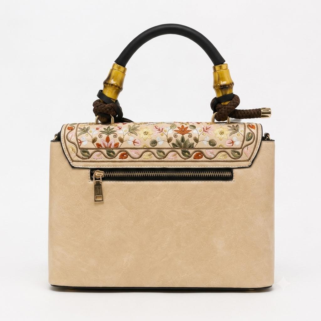 Floral Embroidered Beige Handbag with Bamboo Top Handle