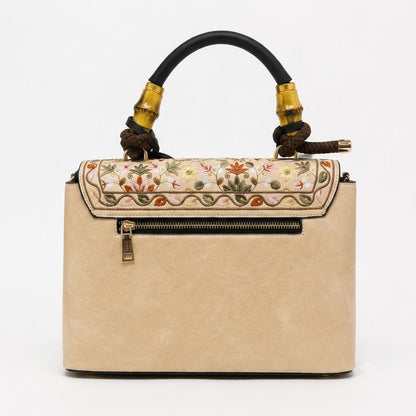 Floral Embroidered Beige Handbag with Bamboo Top Handle