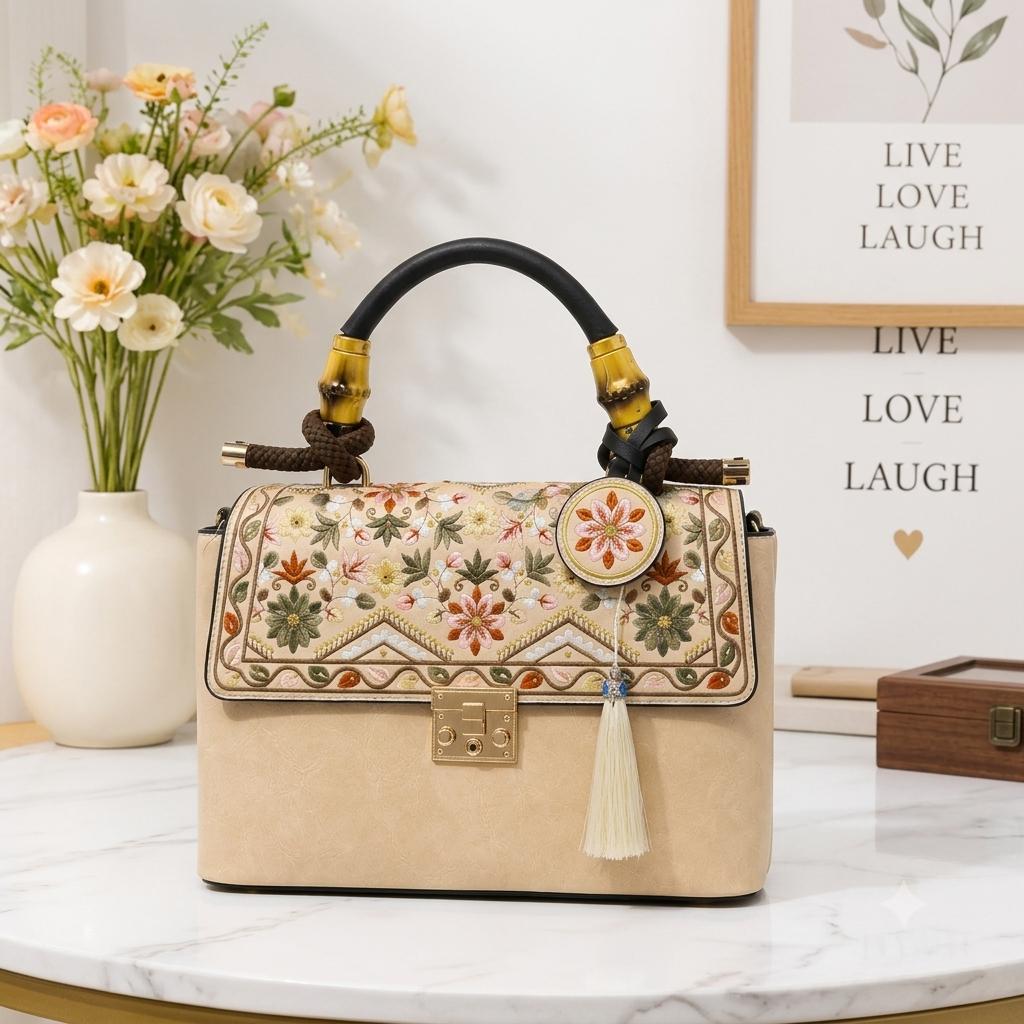 Floral Embroidered Beige Handbag with Bamboo Top Handle