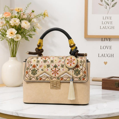 Floral Embroidered Beige Handbag with Bamboo Top Handle